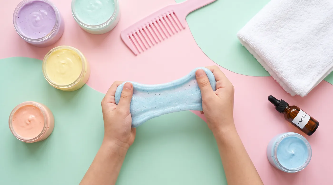 Pots de slime pastel, peigne à dents larges et serviette blanche sur un fond rose et menthe, avec des mains qui étirent un slime bleu pailleté